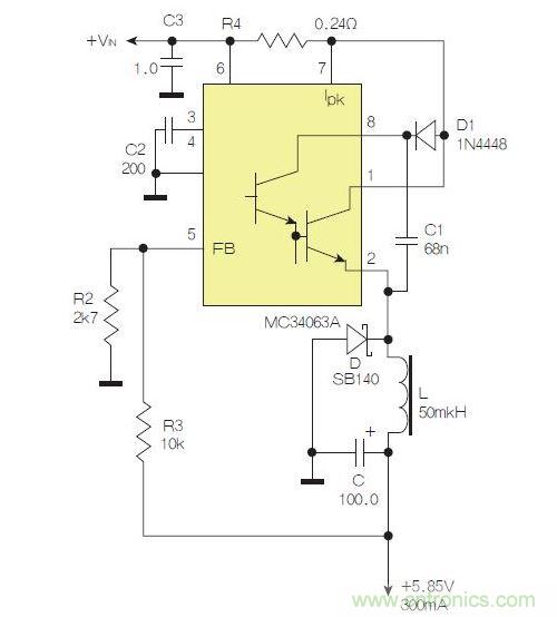 采用降壓配置中廣為使用的MC33063/MC34063的一個(gè)示例。