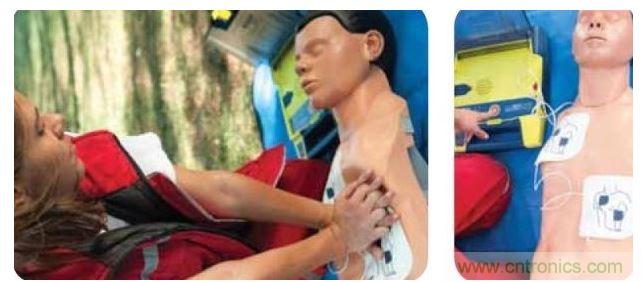 胸部按壓CPR(左圖)迫使血液循環(huán)，為大腦及其它生命器官供血，直到AED重啟心臟(右圖)。