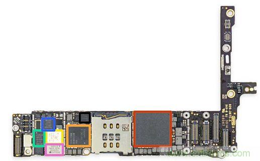 iPhone 6 Plus主板采用1GB RAM的蘋果A8 SoC作為核心部件。（來源：iFixit）