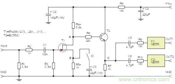 圖3：采用兩個(gè)工作在不同頻率下的555定時(shí)器電路，以獲取不同的音效。